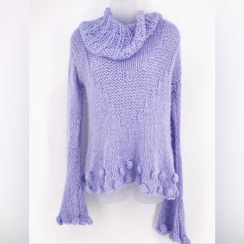 Crochet Handmade Unique Art to Wear Lavender Sweater Cowl Neck Bell Long-sleeve